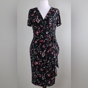Ralph Lauren Slinky Black Faux Wrap Dress with Floral Accents NWT SZ 14